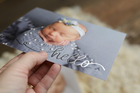 Newborn photographer in San Marcos, Ca designs - custom birth announcements for her newborn baby photography clients. Thick art paper and foil engraving makes these stunning! Your friends will adore receiving one from you.